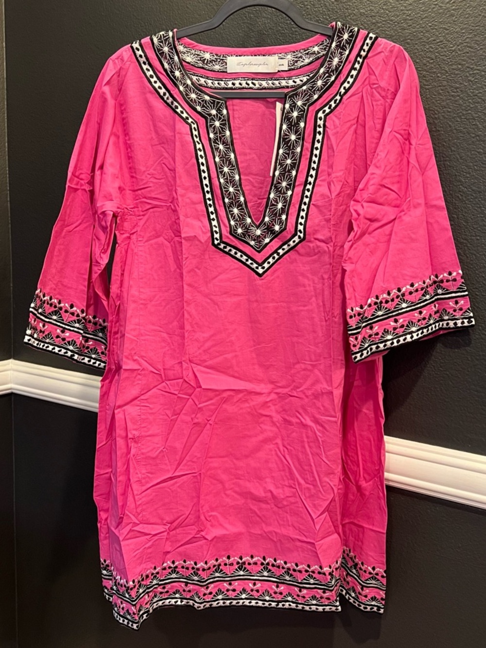 T Bags Los Angeles Women’s Pink 3/4 Sleeve Midi Kaftan Cotton Dress Size Medium